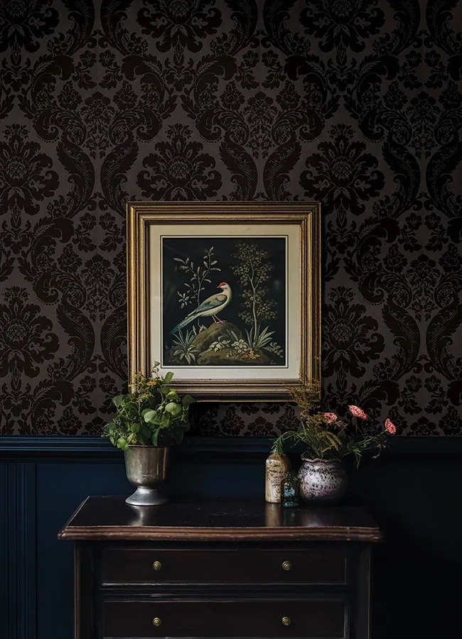A-Street Prints Shadow Black Flocked Damask Wallpaper - SKU 4147-87391