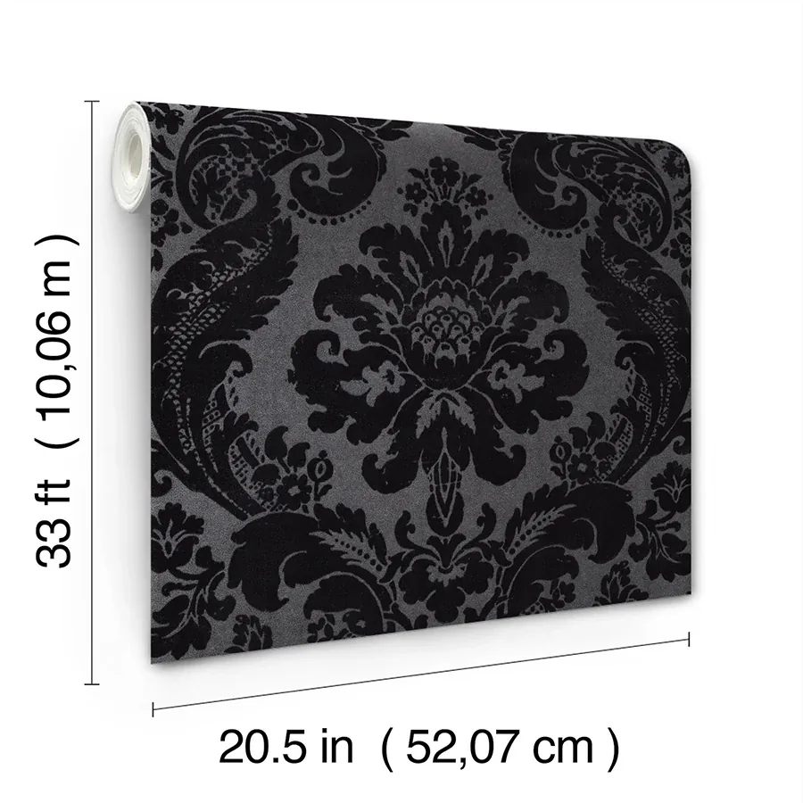 A-Street Prints Shadow Black Flocked Damask Wallpaper - SKU 4147-87391