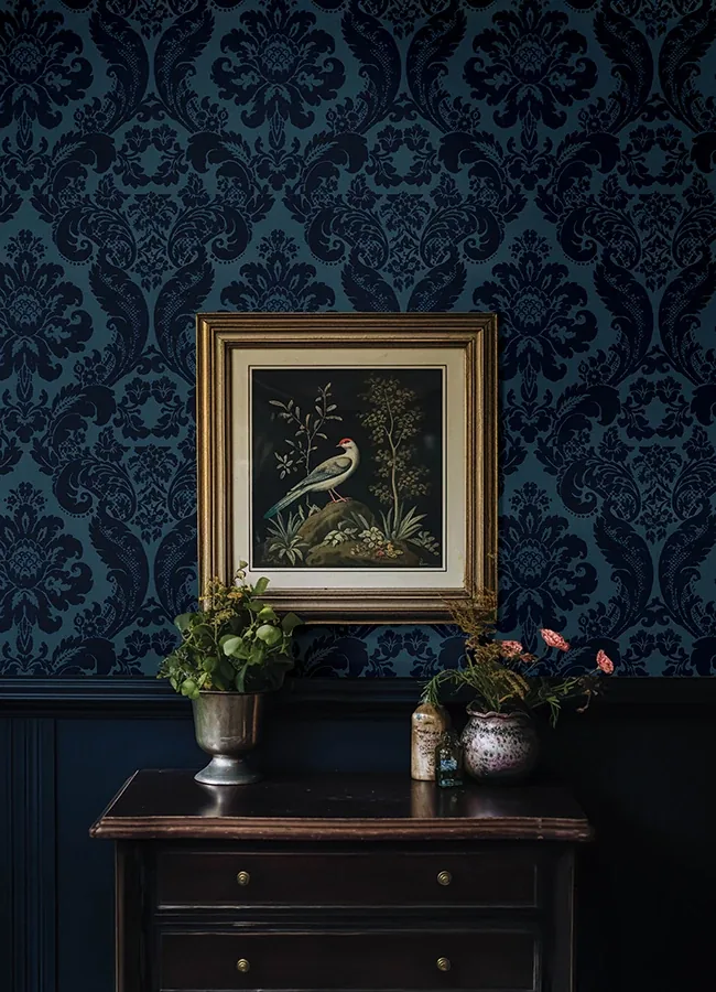 A-Street Prints Shadow Blue Flocked Damask Wallpaper - SKU 4147-87310