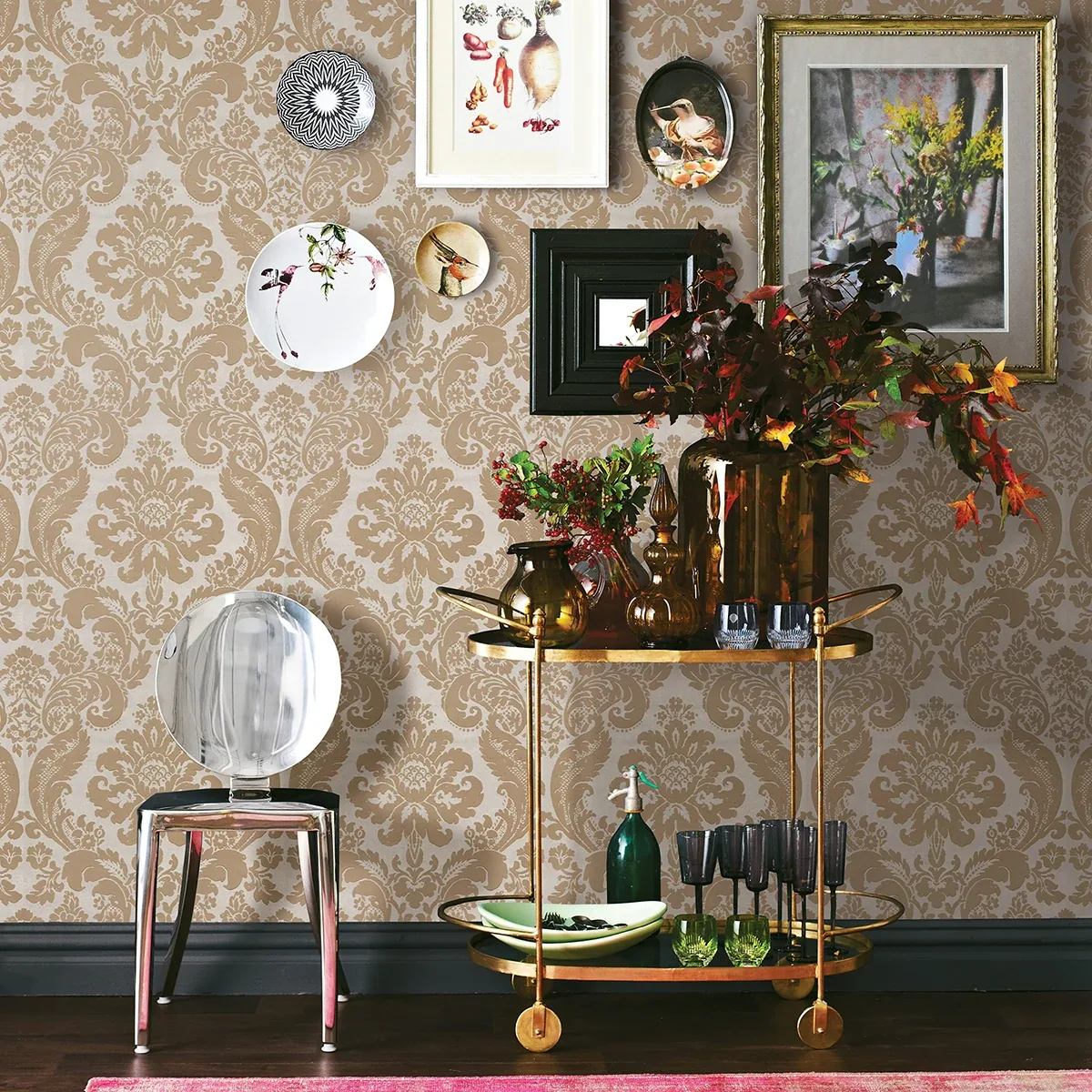 A-Street Prints Shadow Khaki Flocked Damask Wallpaper - SKU 2763-87314