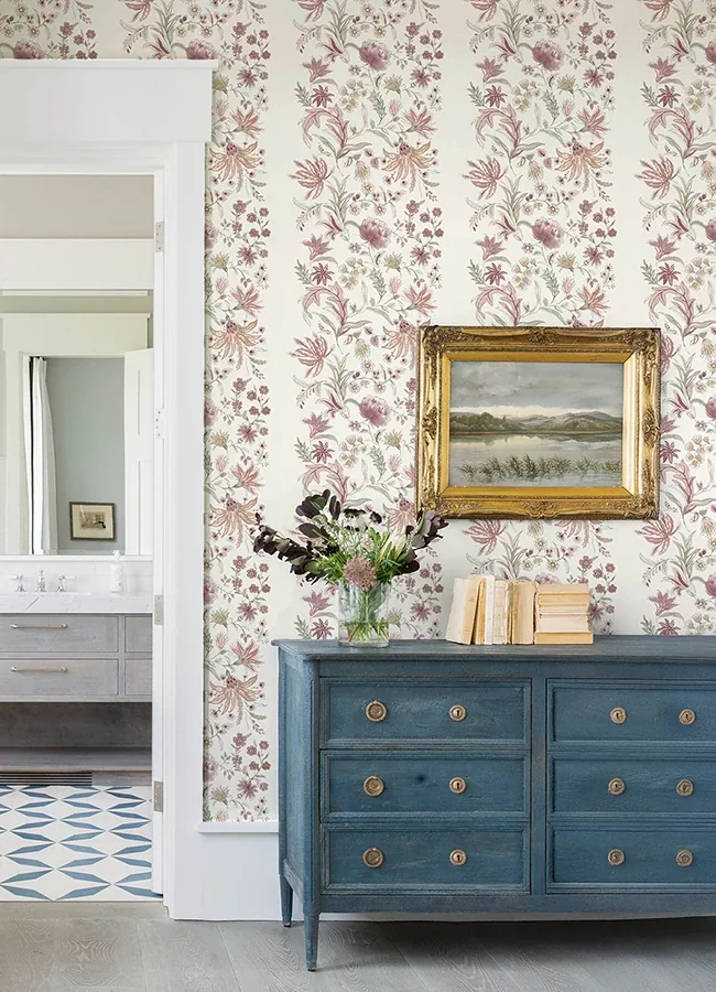 A-Street Prints Teonna Raspberry Floral Stripe Wallpaper - SKU 4147-27397