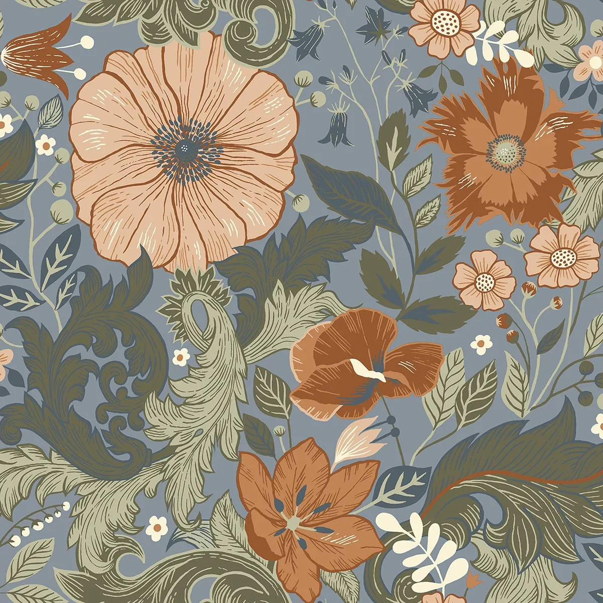2999-13108 | Victoria Blue Floral Nouveau Wallpaper