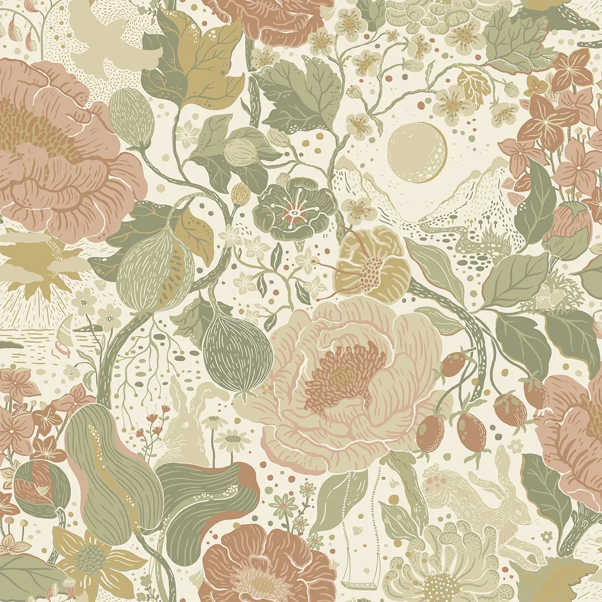 A-Street Prints Växa Green Rabbits & Rosehips Wallpaper - SKU 4111-63012