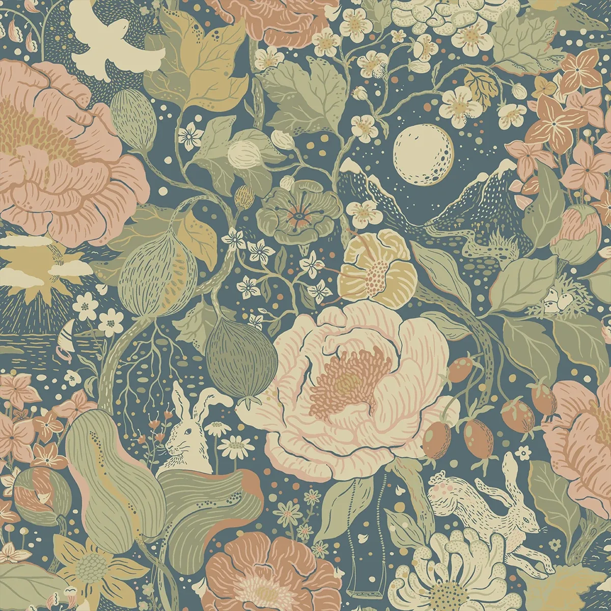 A-Street Prints Växa Teal Rabbits & Rosehips Wallpaper - SKU 4111-63013