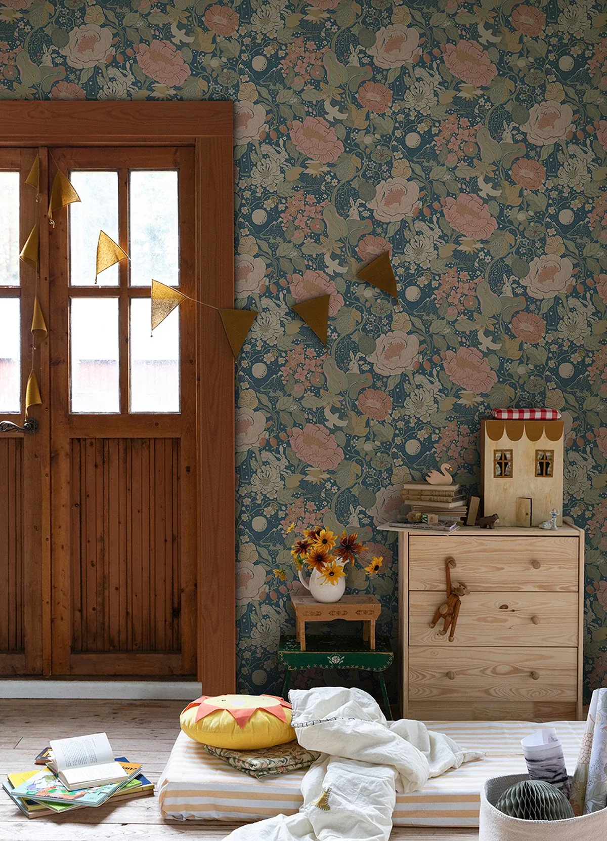 A-Street Prints Växa Teal Rabbits & Rosehips Wallpaper - SKU 4111-63013