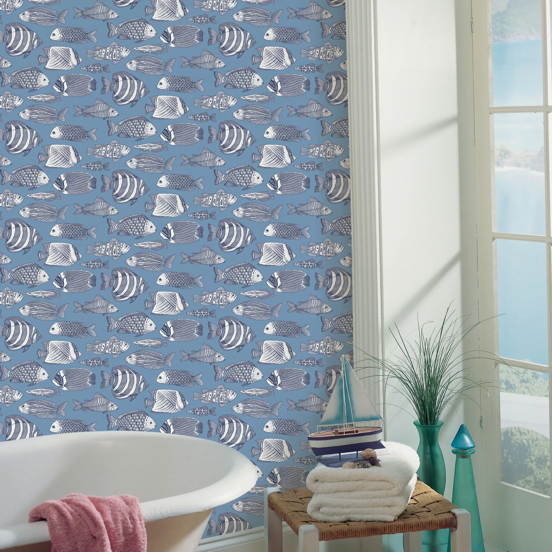 A-Street Prints Wailea Sky Blue Tropical School Wallpaper - SKU 2927-80212