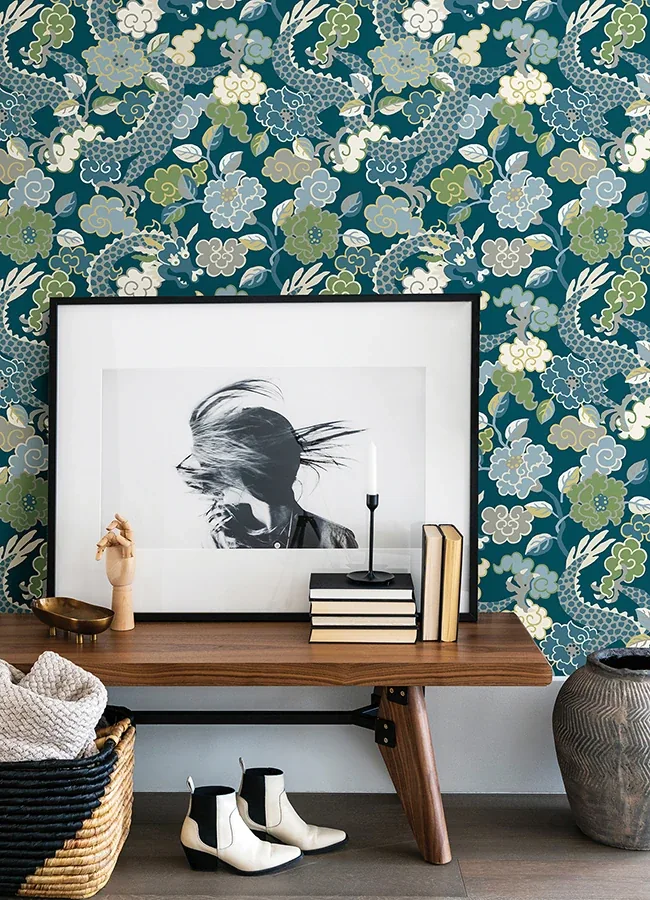 A-Street Prints Yanci Teal Dragon Wallpaper - SKU 4120-72008
