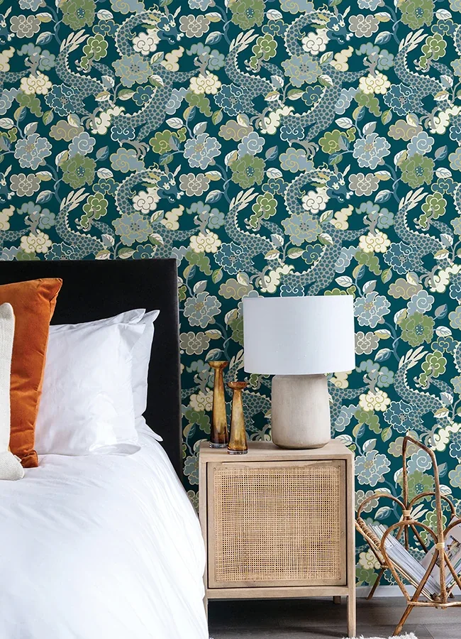 A-Street Prints Yanci Teal Dragon Wallpaper - SKU 4120-72008