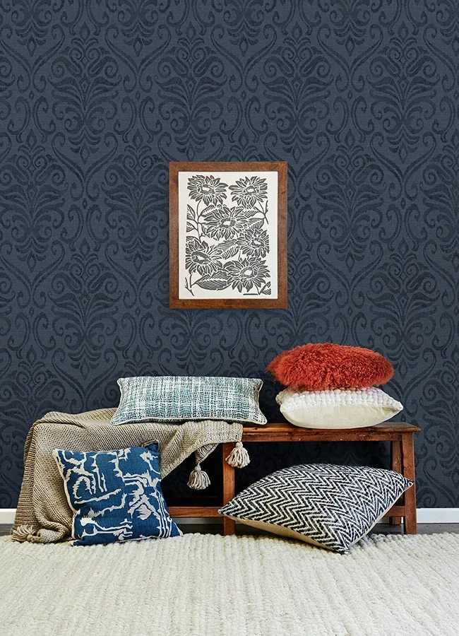 Brewster Home Fashions Adavu Blue Damask Wallpaper | Wallpaper Twins Brewster Home Fashions Adavu Blue Damask Wallpaper - SKU 4148-27438