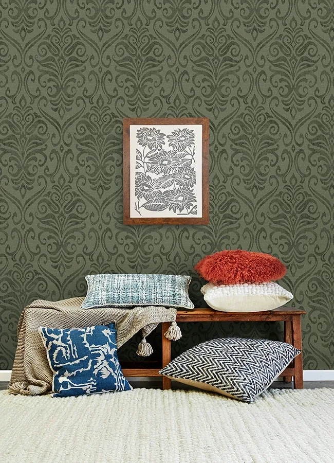 Brewster Home Fashions Adavu Dark Green Damask Wallpaper | Wallpaper Twins Brewster Home Fashions Adavu Dark Green Damask Wallpaper - SKU 4148-27440