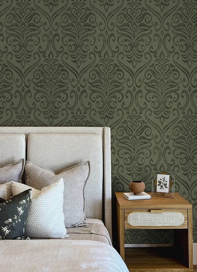 Brewster Home Fashions Adavu Dark Green Damask Wallpaper | Wallpaper Twins Brewster Home Fashions Adavu Dark Green Damask Wallpaper - SKU 4148-27440