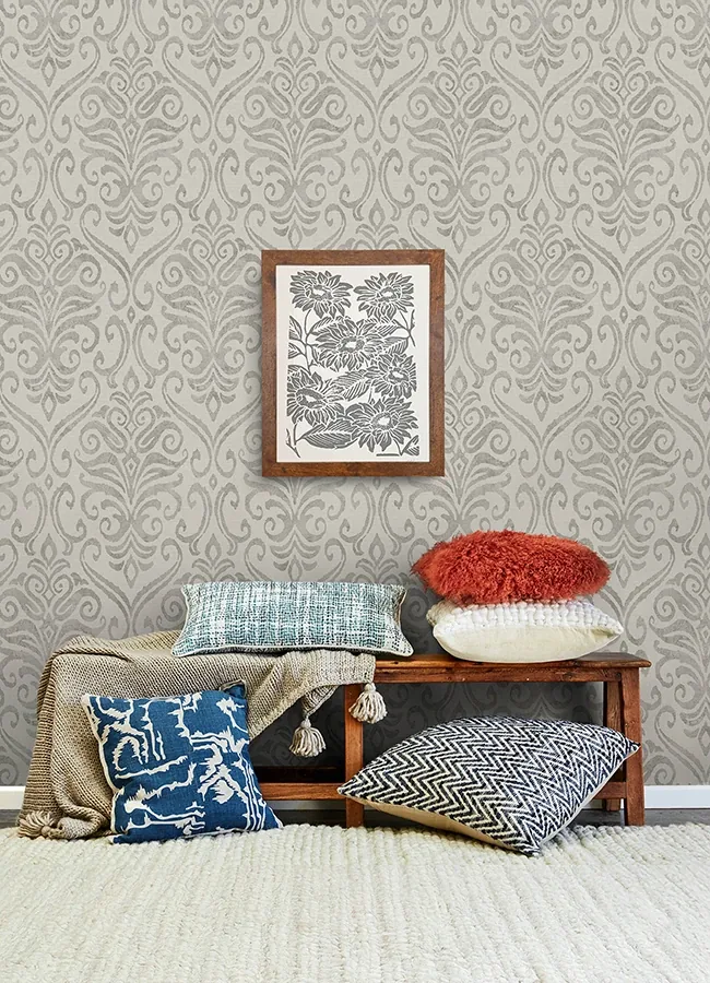 Brewster Home Fashions Adavu Grey Damask Wallpaper - SKU 4148-27439