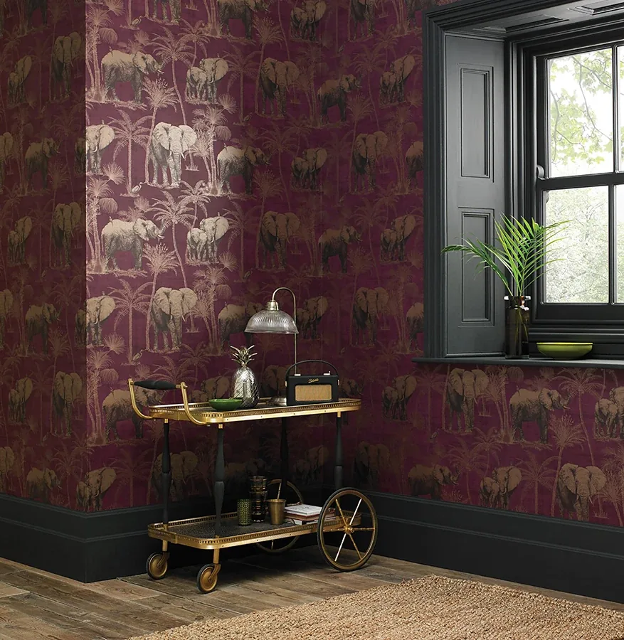 Brewster Home Fashions Adelia Maroon Elephant Grove Wallpaper | Wallpaper Twins Brewster Home Fashions Adelia Maroon Elephant Grove Wallpaper - SKU AH610701