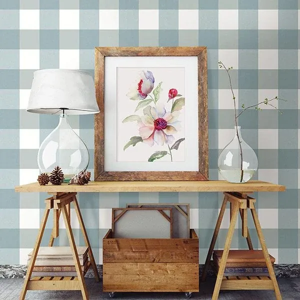 Brewster Home Fashions Amos Teal Gingham Wallpaper | Wallpaper Twins Brewster Home Fashions Amos Teal Gingham Wallpaper - SKU 3115-12535
