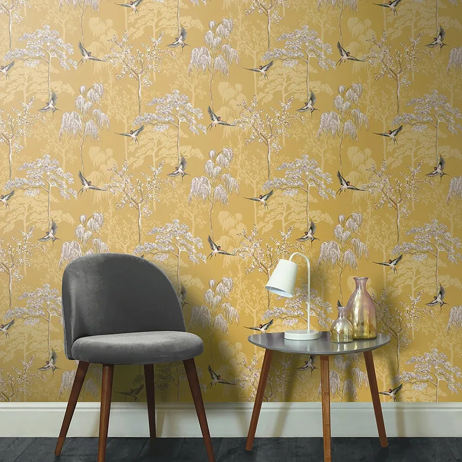 Brewster Home Fashions Asuka Yellow Sparrow Forest Wallpaper - SKU AH908002