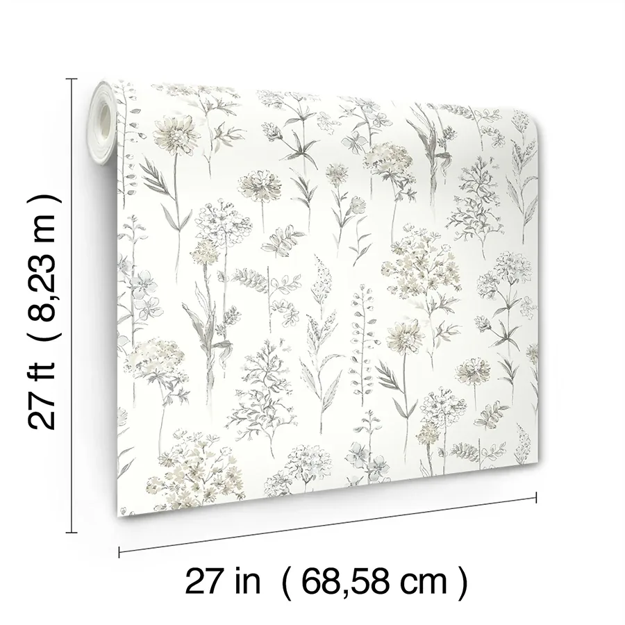 Brewster Home Fashions Bergamot Light Grey Wildflower Wallpaper | Wallpaper Twins Brewster Home Fashions Bergamot Light Grey Wildflower Wallpaper - SKU 4134-72501