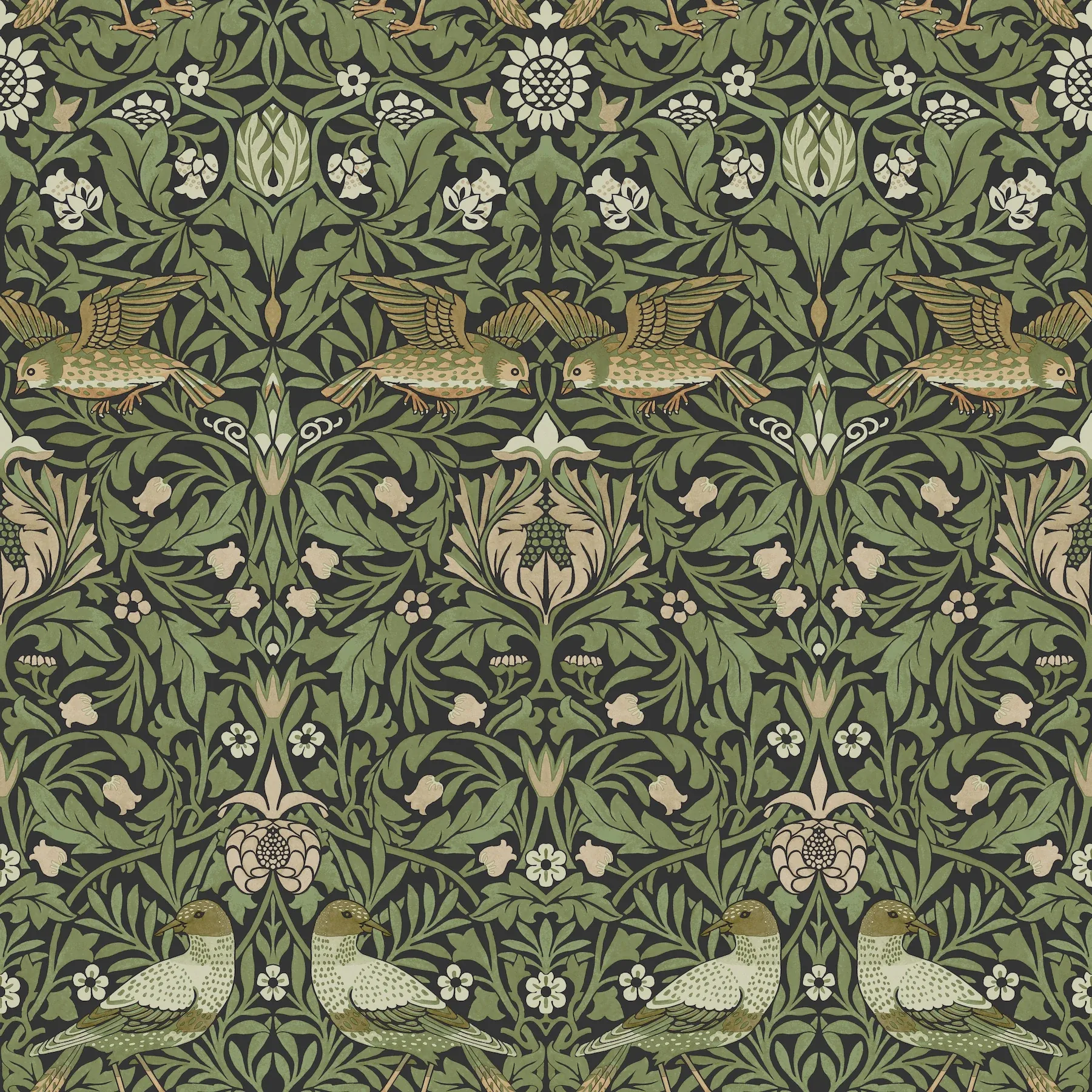 4171-82063 | Bird Green Floral Thicket Wallpaper