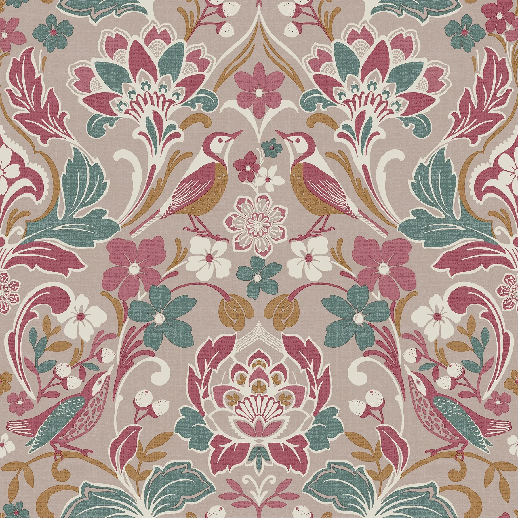 AH100199AH | Birdy Pink Nuthatch Floral Wallpaper