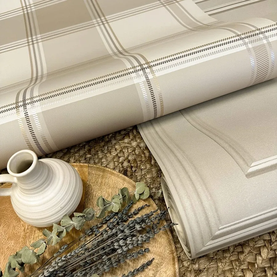 Brewster Home Fashions Braxton Beige Check Wallpaper - SKU BG2304
