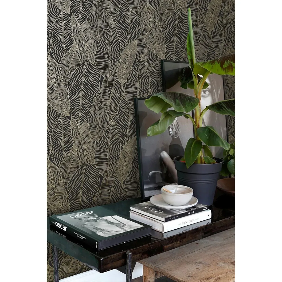 Brewster Home Fashions Canales Black Gold Inked Leaves Wallpaper - SKU DD139126