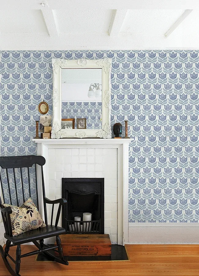 Brewster Home Fashions Cathal Blue Tulip Block Print Wallpaper | Wallpaper Twins Brewster Home Fashions Cathal Blue Tulip Block Print Wallpaper - SKU 3125-72345
