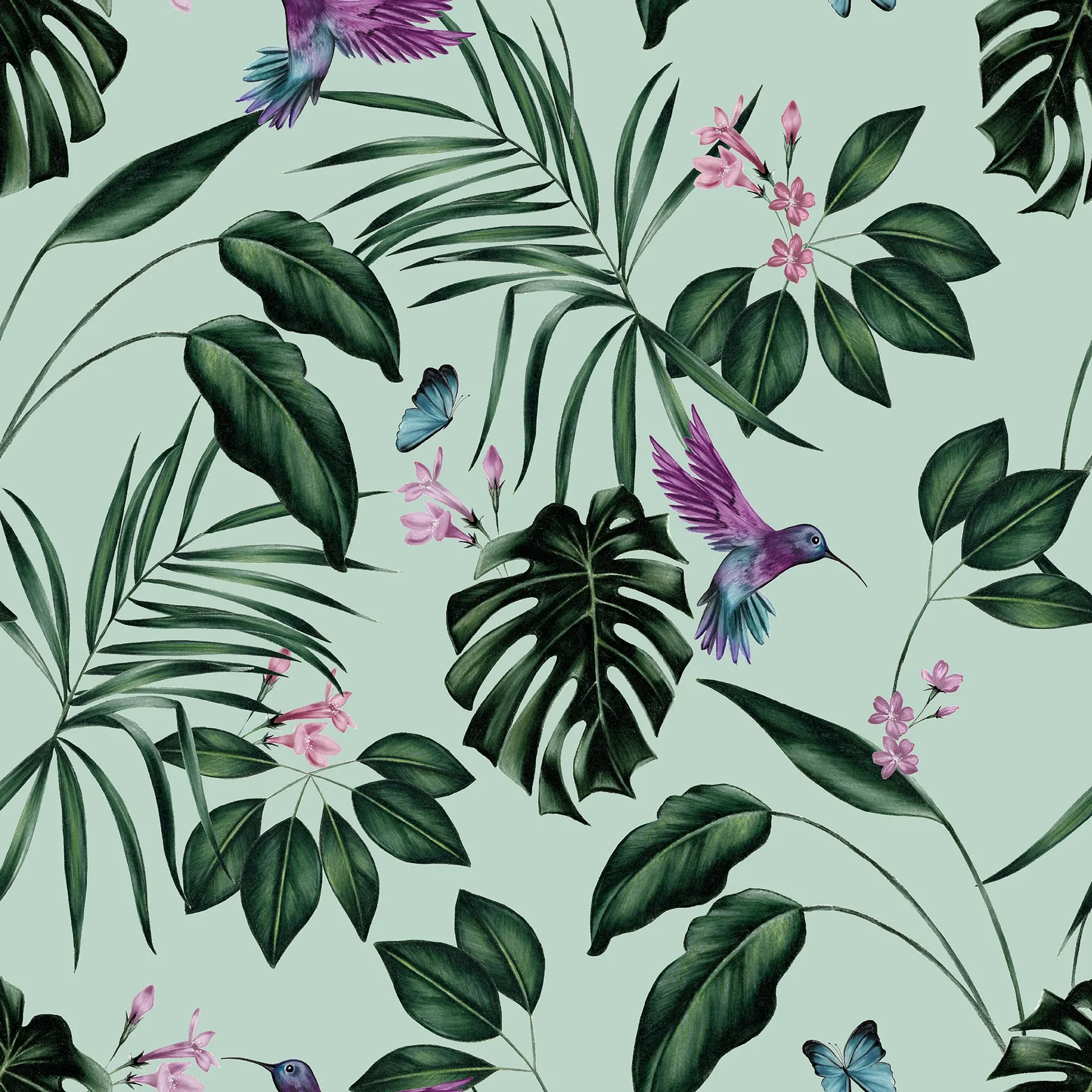 WLD53115W | Clivia Mint Hummingbird Wallpaper