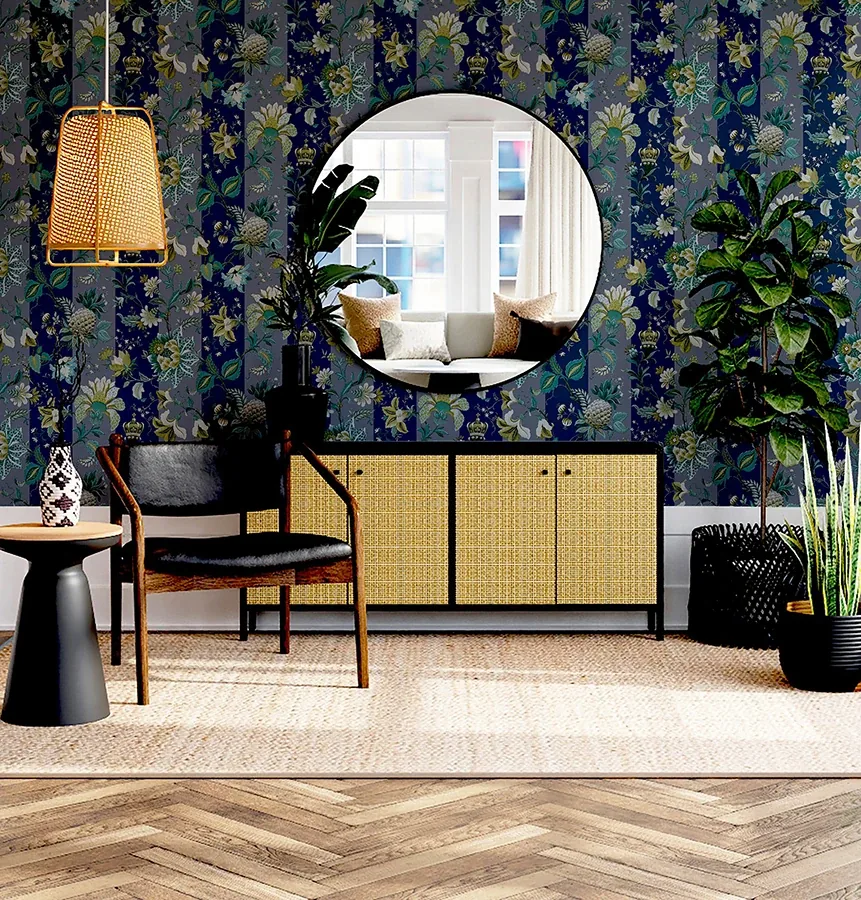 Brewster Home Fashions Cornelia Navy Floral Stripe Wallpaper - SKU AH922801