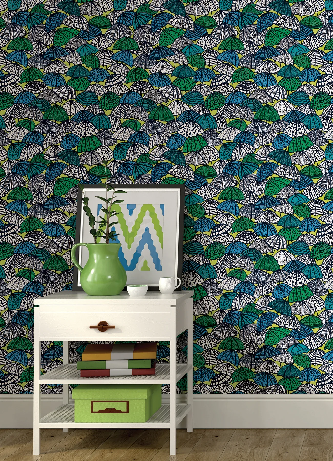 Brewster Home Fashions Dara Chartreuse Jolly Brollies Wallpaper - SKU CEP50117W
