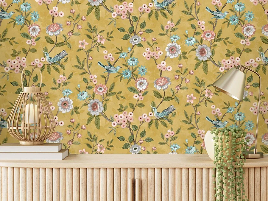 Brewster Home Fashions Elspeth Mustard Floral Trail Wallpaper - SKU FD43446