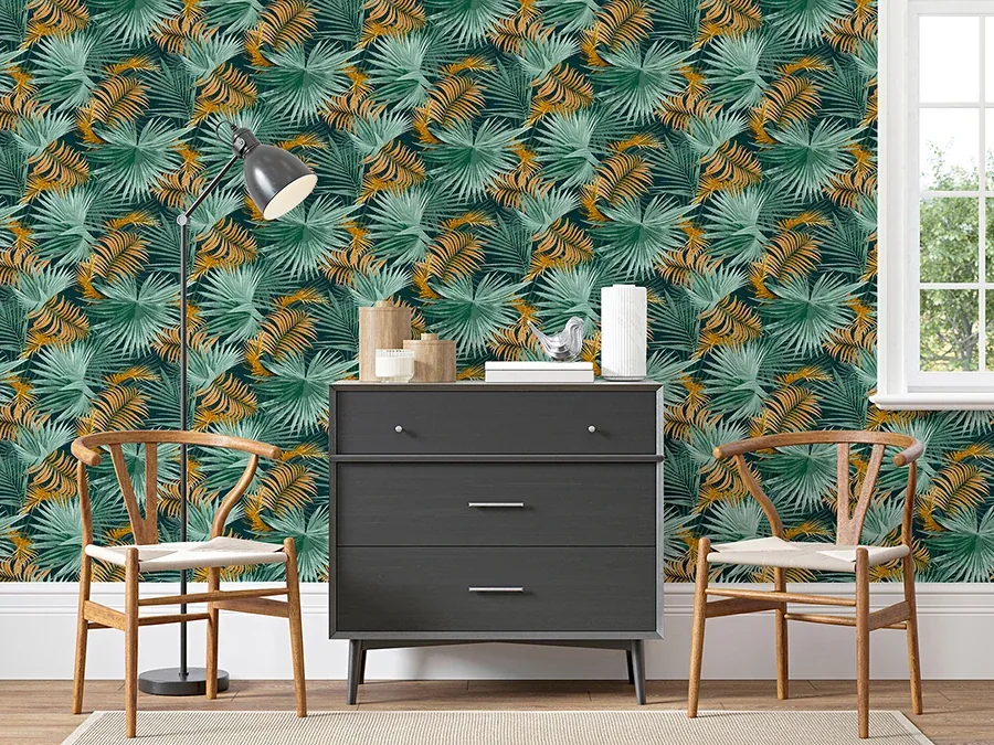 Brewster Home Fashions Esau Teal Jungle Palms Wallpaper - SKU AH296005