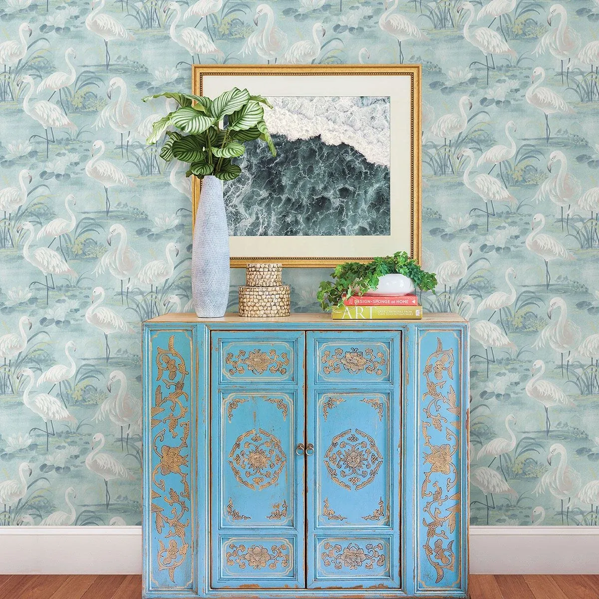 Brewster Home Fashions Everglades Aqua Flamingos Wallpaper - SKU 3120-13604