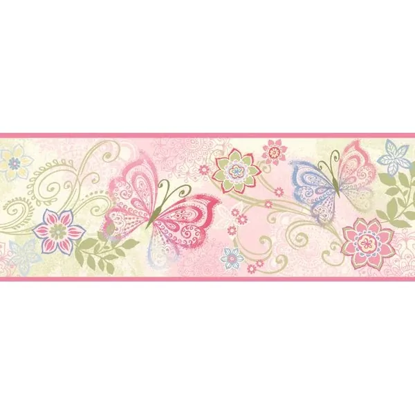 BBC46451B | Fantasia Pink Boho Butterflies Scroll Wallpaper