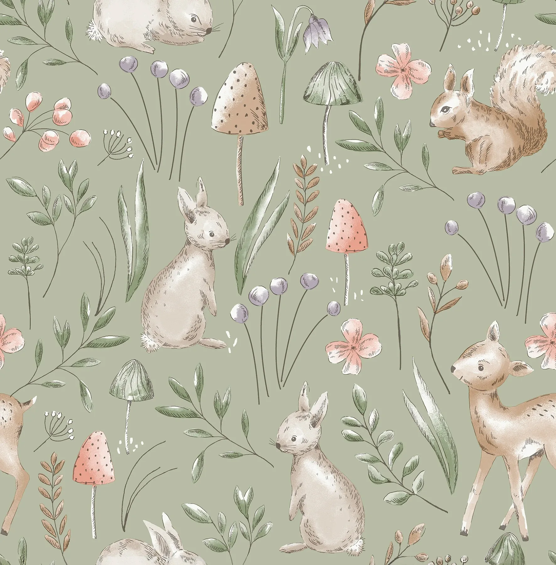 4203-27547 | Forest Animals Sage Whimsical Wallpaper