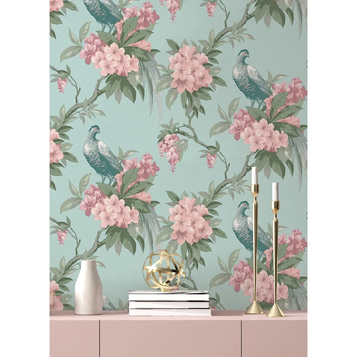 Brewster Home Fashions Golden Pheasant Aqua Floral Wallpaper - SKU M1663