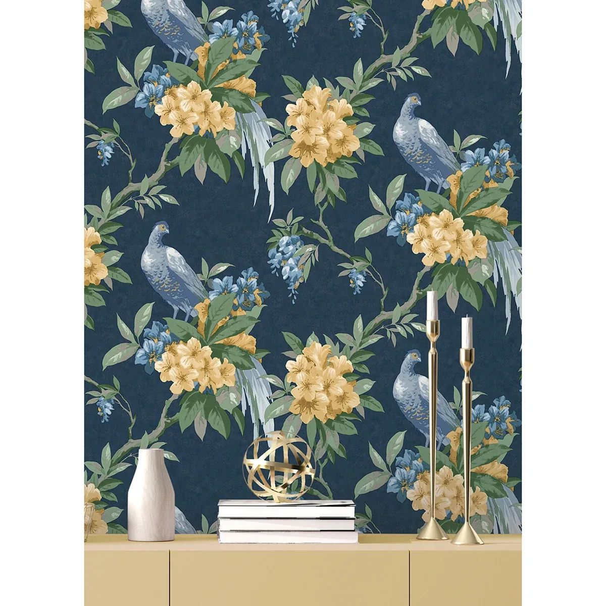 Brewster Home Fashions Golden Pheasant Dark Blue Floral Wallpaper | Wallpaper Twins Brewster Home Fashions Golden Pheasant Dark Blue Floral Wallpaper - SKU M1661