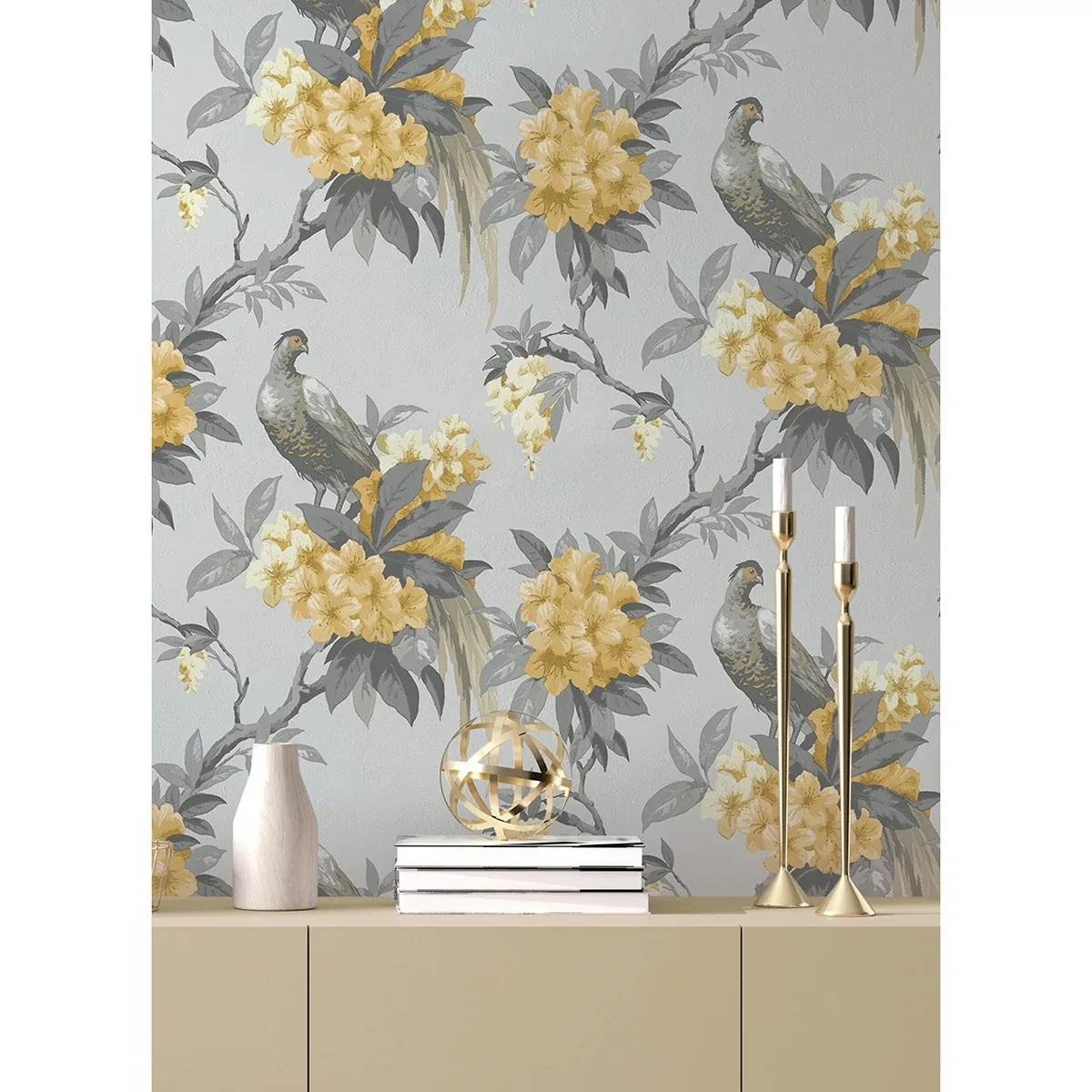 Brewster Home Fashions Golden Pheasant Grey Floral Wallpaper | Wallpaper Twins Brewster Home Fashions Golden Pheasant Grey Floral Wallpaper - SKU M1662