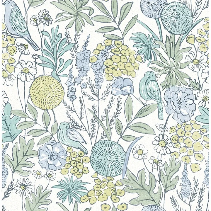 Brewster Home Fashions Goldfinch Aqua Birds and Blooms Wallpaper - SKU 4148-27413