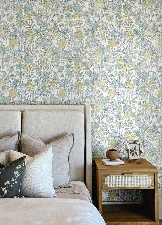 Brewster Home Fashions Goldfinch Aqua Birds and Blooms Wallpaper | Wallpaper Twins Brewster Home Fashions Goldfinch Aqua Birds and Blooms Wallpaper - SKU 4148-27413
