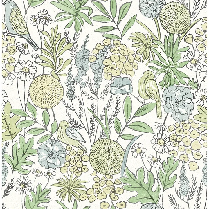Brewster Home Fashions Goldfinch Green Birds and Blooms Wallpaper - SKU 4148-27412