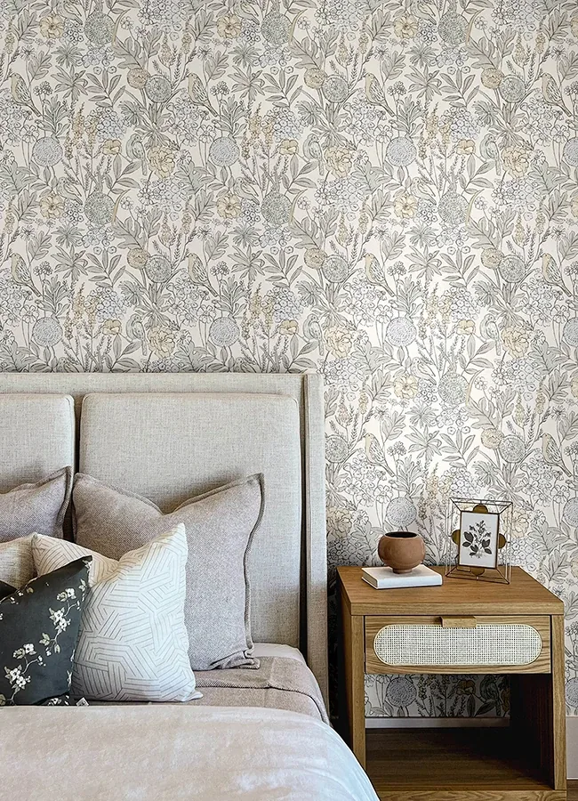 Brewster Home Fashions Goldfinch Neutral Birds and Blooms Wallpaper - SKU 4148-27411