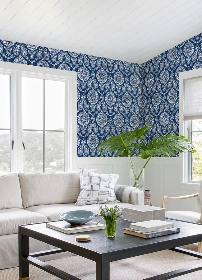 Brewster Home Fashions Helm Damask Navy Floral Medallion Wallpaper - SKU 4071-71018