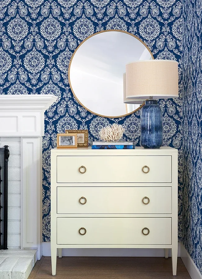 Brewster Home Fashions Helm Damask Navy Floral Medallion Wallpaper - SKU 4071-71018