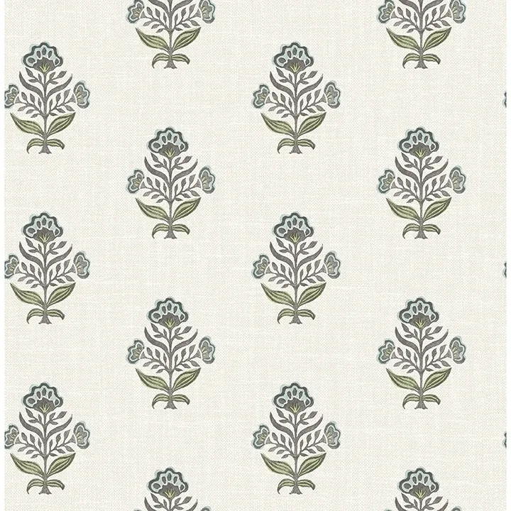 4148-27415 | Hollyhock Aqua Floral Crest Wallpaper