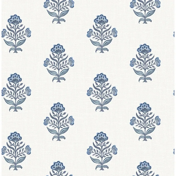 4148-27417 | Hollyhock Blue Floral Crest Wallpaper