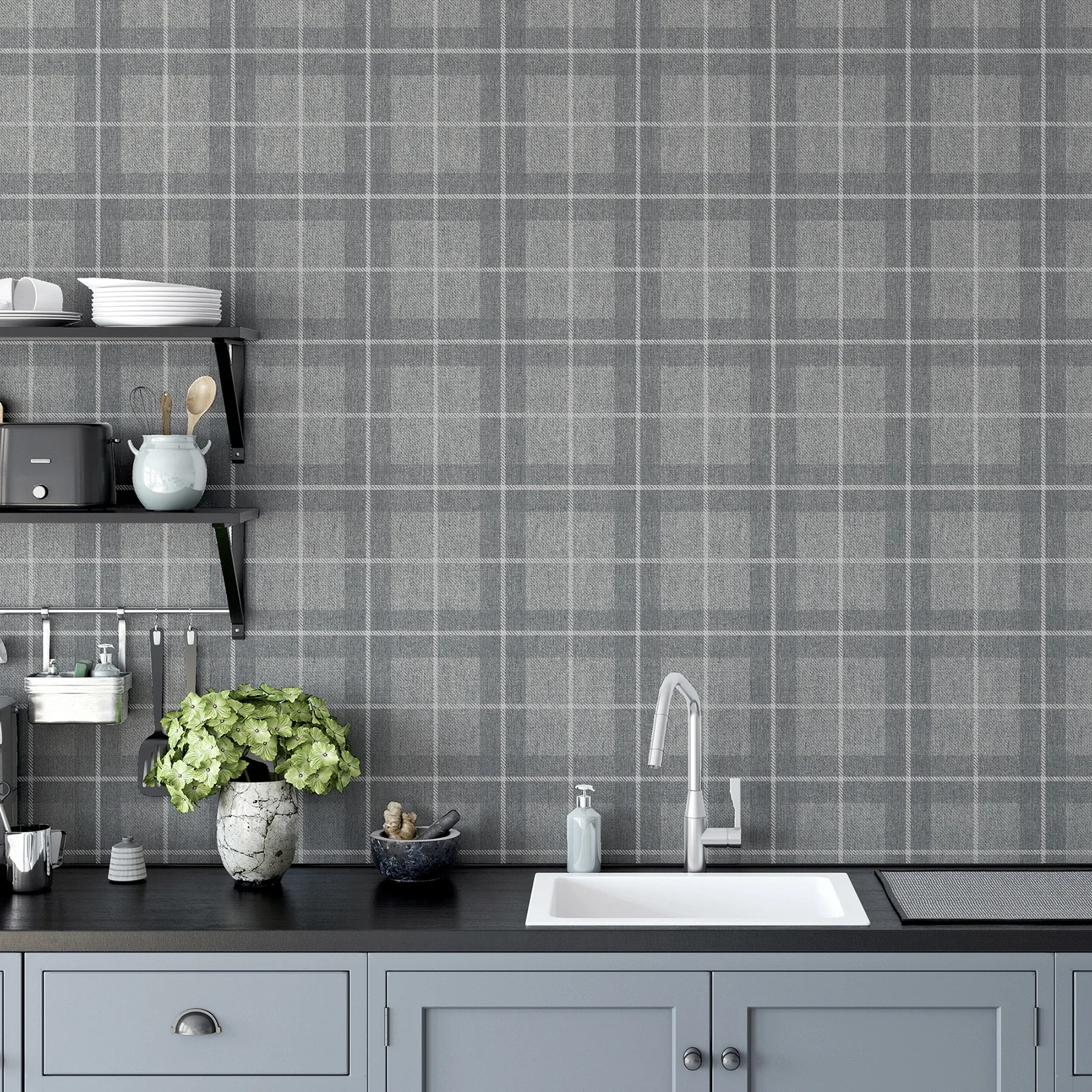 Brewster Home Fashions Hudson Grey Checkered Plaid Wallpaper - SKU AH251906