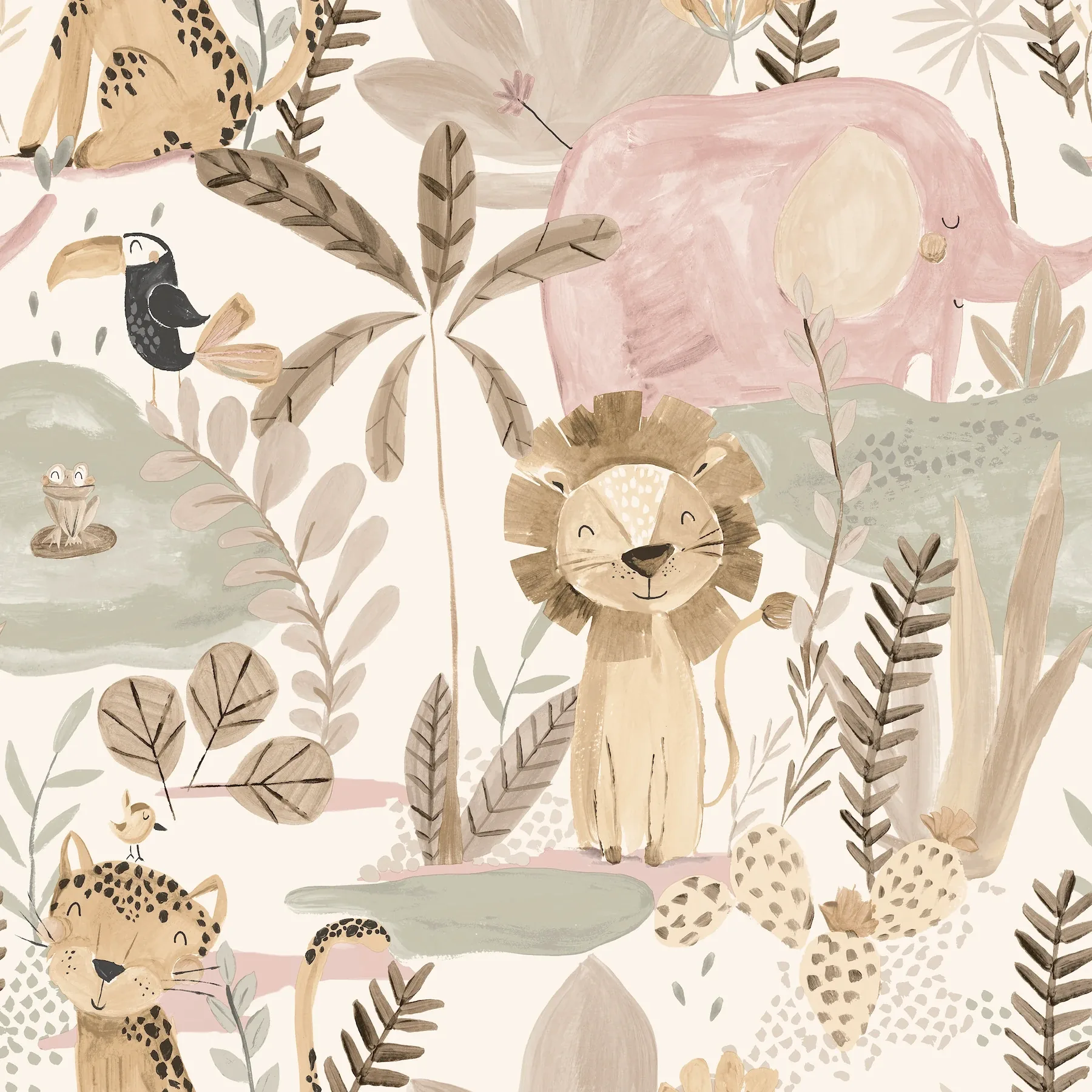 4203-27557 | In The Jungle Pink Animal Friends Wallpaper