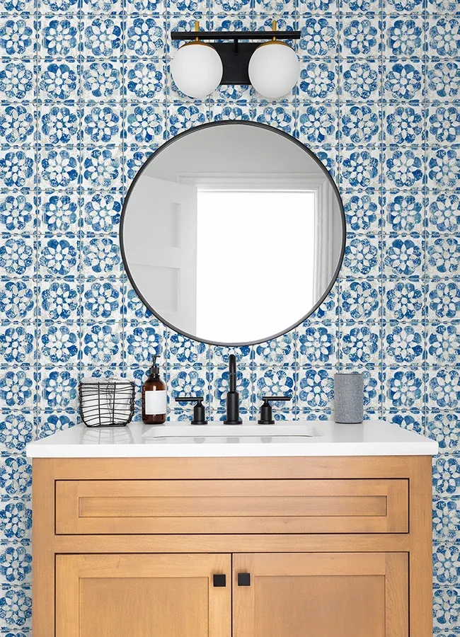 Brewster Home Fashions Izeda Blue Floral Tile Wallpaper - SKU 2980-26192