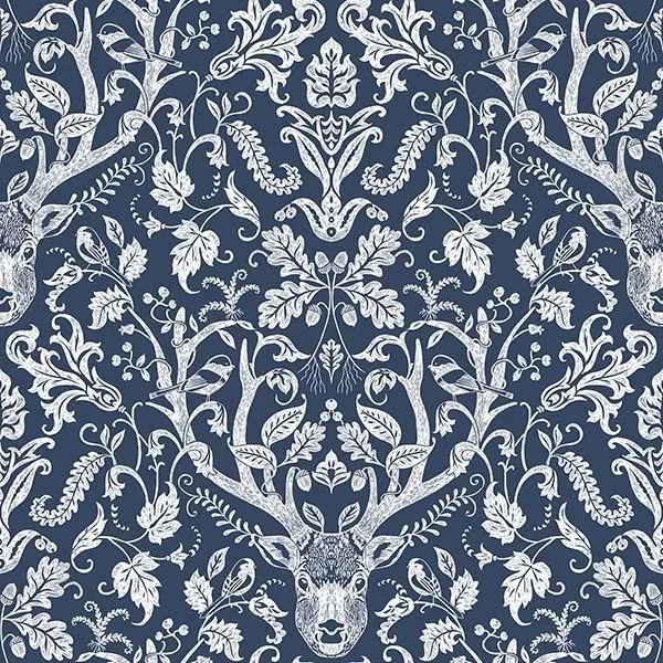3118-12703 | Kiwassa Navy Antler Damask Wallpaper