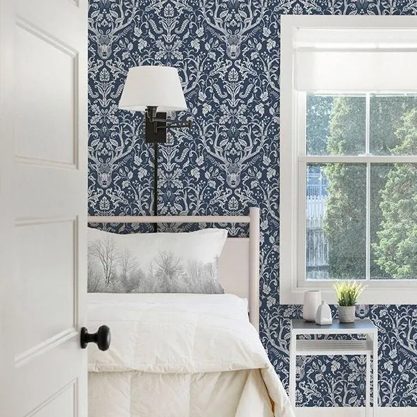 Brewster Home Fashions Kiwassa Navy Antler Damask Wallpaper - SKU 3118-12703