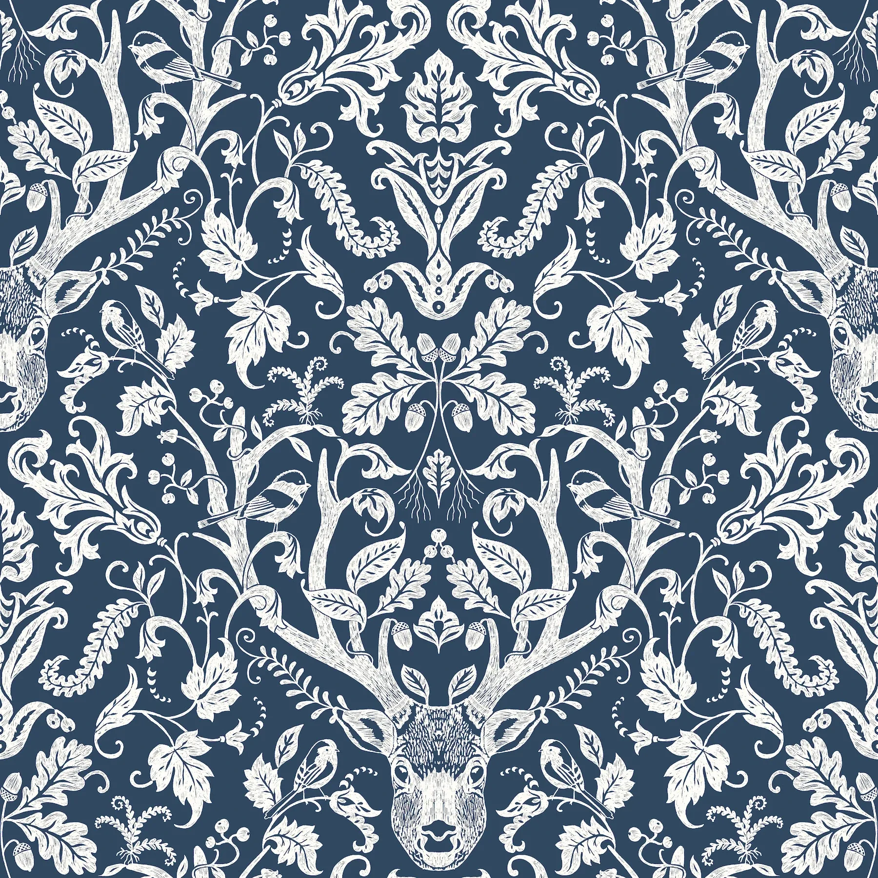 4169-12703 | Kiwassa Navy Antler Damask Wallpaper